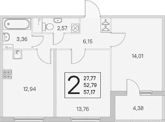 2-комнатная квартира 52.79 м², 1/4 эт., ЖК «Любоград в Стрельне»